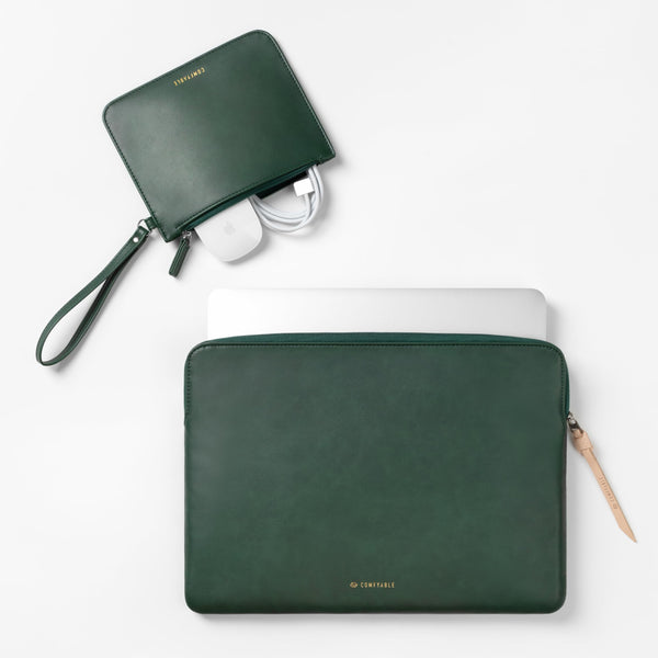 Leather Laptop Sleeve with Accessory Pouch Compatible with 13/13.3/14/16 Inch MacBook Pro M4 2024 & 13/15 Inch MacBook Air M3 2024 M2 2023, Midnight Green