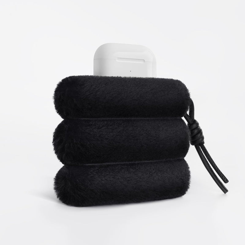 Faux Fur Cute AirPod Case, Coin Purse Pouch Change Holder For Women, Small Organizer with Magnetic Closure, Lanyard, Storage for USB Flash Drive, Lipstick, Card, Key, Daily Items, Black